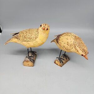Vintage Pair Corn Husk Wood Quail Bird Set 5” Burn Glass Eyes Republic Of China